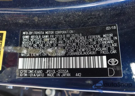 2018 Toyota Mirai z USA, uszkodzony, nr VIN JTDBVRBD8JA004081